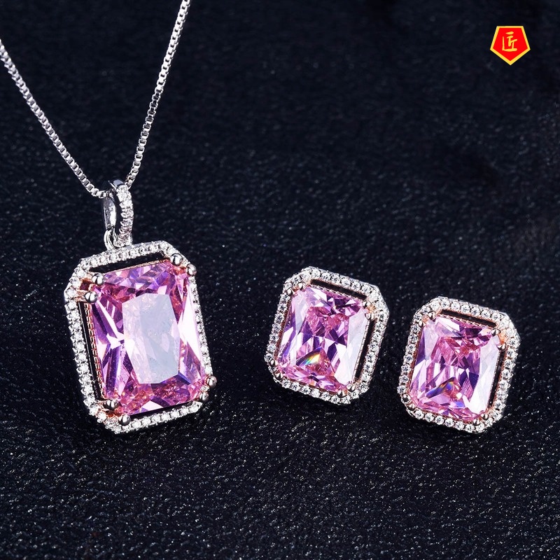 [Ready Stock]New High-End Luxury Necklace Pink Tourmaline Rings Ear Studs