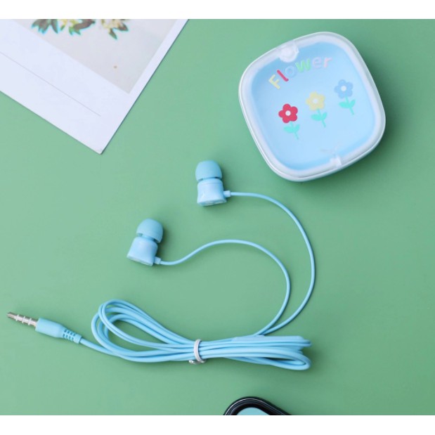 [XY-46] Set Headset Earphone Motif BUNGA-BUNGA Imut / Wadah Earphone Transparan Kotak Kartun Flower