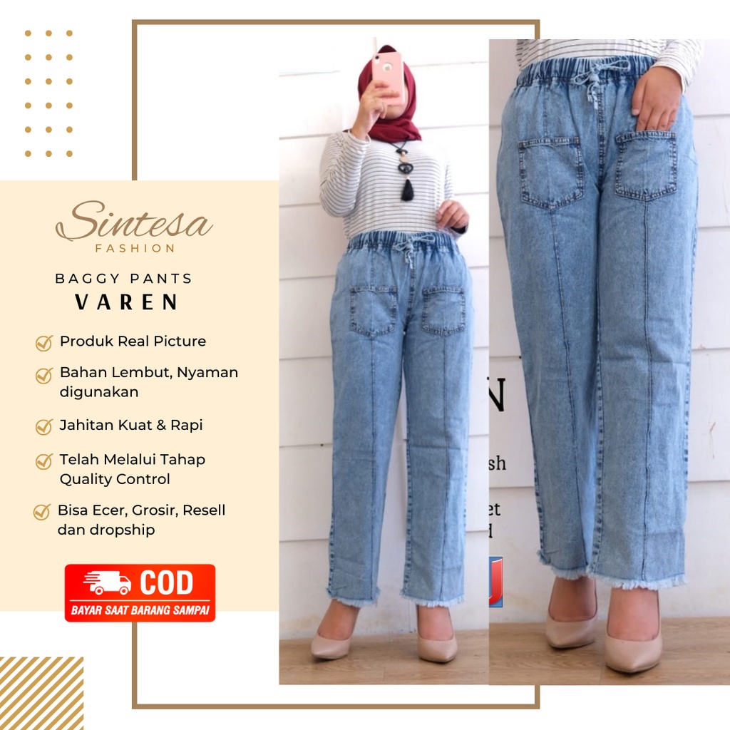 Celana Panjang Baggy Jeans Wanita Varen Pants Kulot Jeans Rawis Saku Depan Remaja Kekinian Terbaru