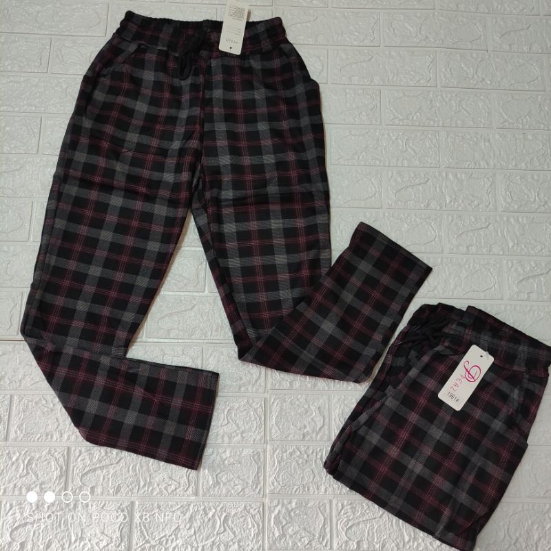 celana import zara celana kotak kotak abu abu salur merah bahan stret all size