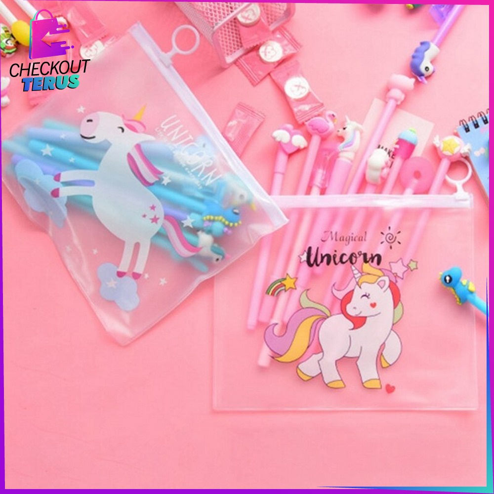 CT A15 Pulpen Gel Karakter Lucu Set Isi 20PCS Pulpen dengan Tempat Pensil Transparan Alat Tulis Stastionary Pena FREE Zipper Pouch