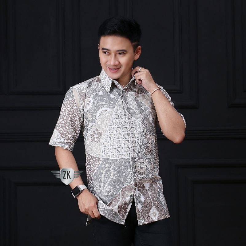 022 Zahira Batik HRB026 Kenongo Hem Kemeja Batik Pria Lengan Pendek  Katun Primis Halus M L XL