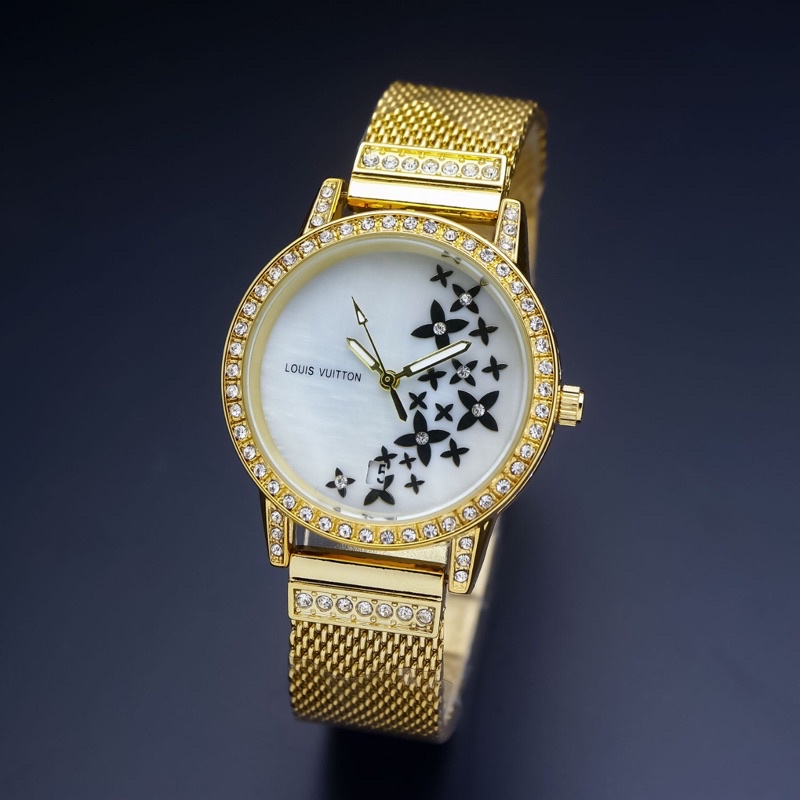 jam tangan LV perempuan rante warna gold