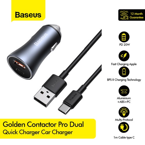 Charger Mobil BASEUS Golden Contactor Pro Dual QC Car Charger U+C 40 Watt + Kabel C to C - TZCCJD-0G