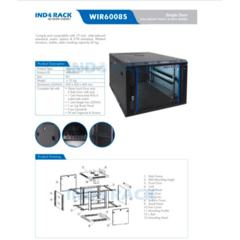 INDORACK WALLMOUNT 19 INCH 8U DEPTH 600MM SINGLE DOOR - WIR6008S - GLASS