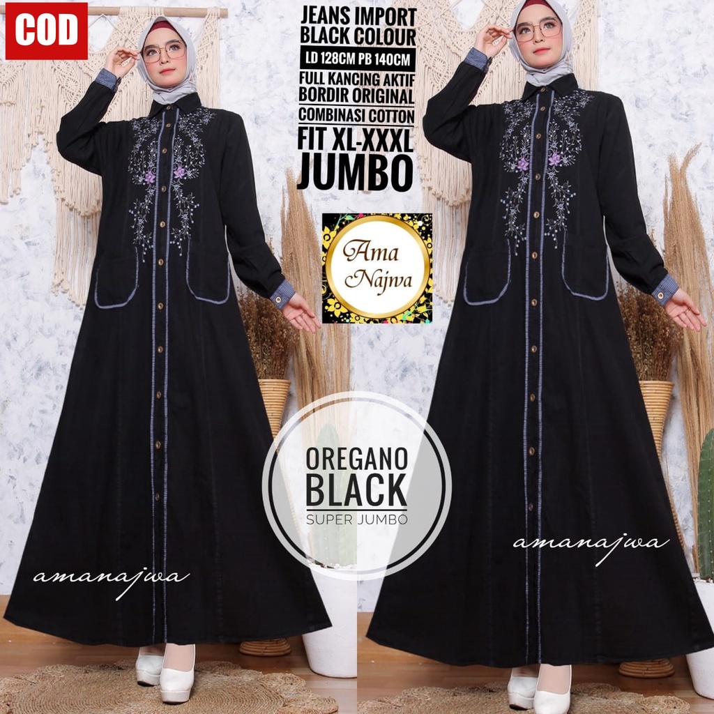 OREGANO BLACK Gamis Jeans Import Mix Katun Jumbo Bordir Busui / Gamis Jeans Wanita LD 120 Jumbo