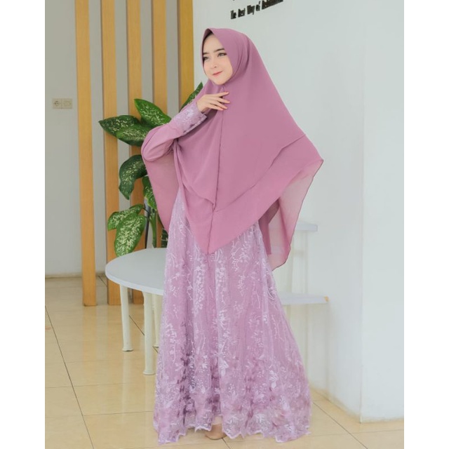 Set gamis pesta syari brukat motif india cantik dan termurah. lilac keliling, gamis syari bruklat le