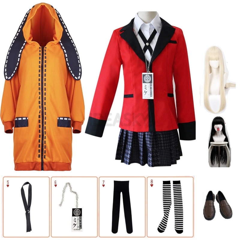 PREORDER Anime Kakegurui School Girl JK Uniform Set Hoodie Runa Yomotsuki Cosplay Costume Wig Kirari