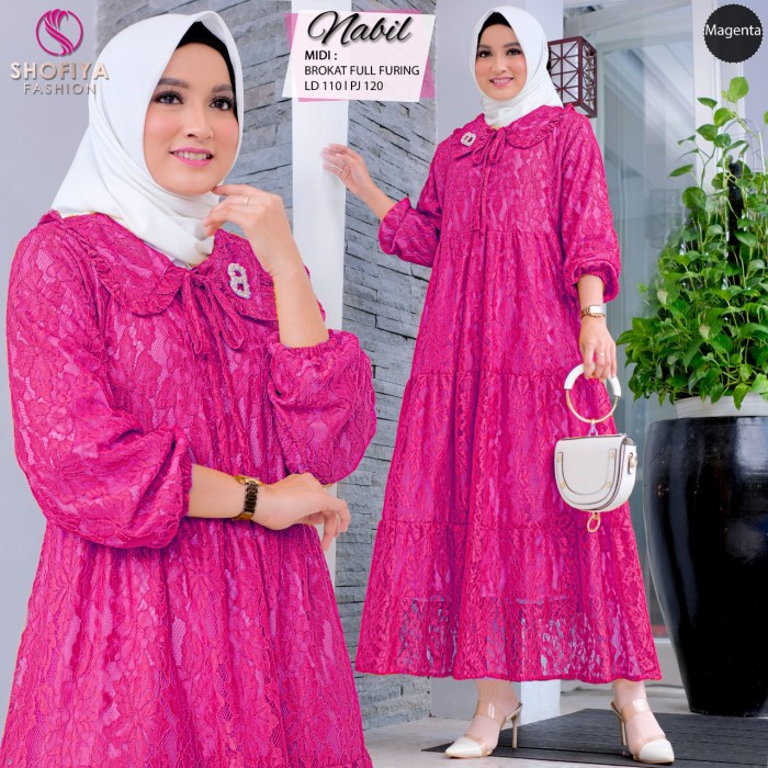 Midi Dress Muslim Nabil Premium Brokat Full Furing Modis All Size - magenta, XL