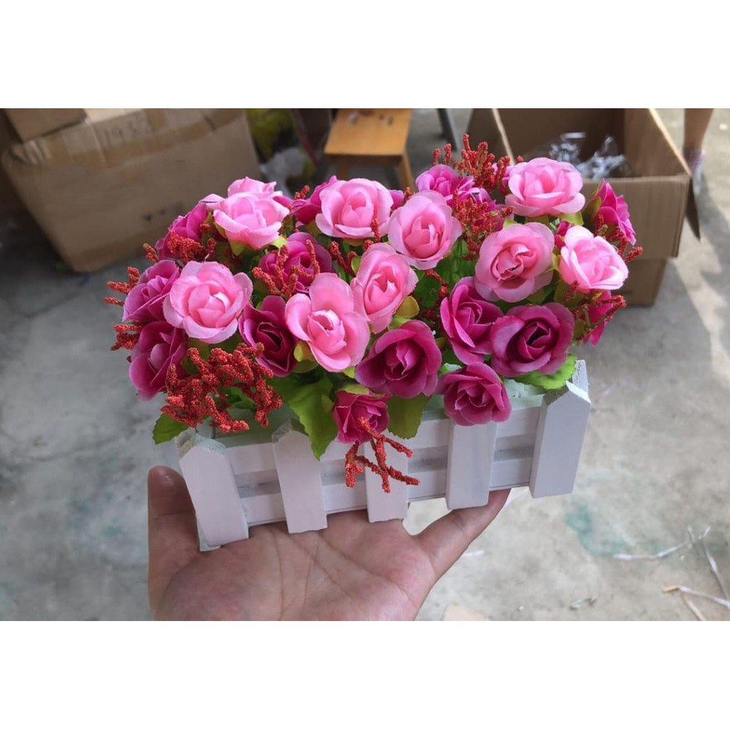 BUNGA PAGAR PUTIH VAS KAYU BENTUK PAGAR BUNGA MEJA BUNGA HIAS BUNGA PLASTIK BP8822-1