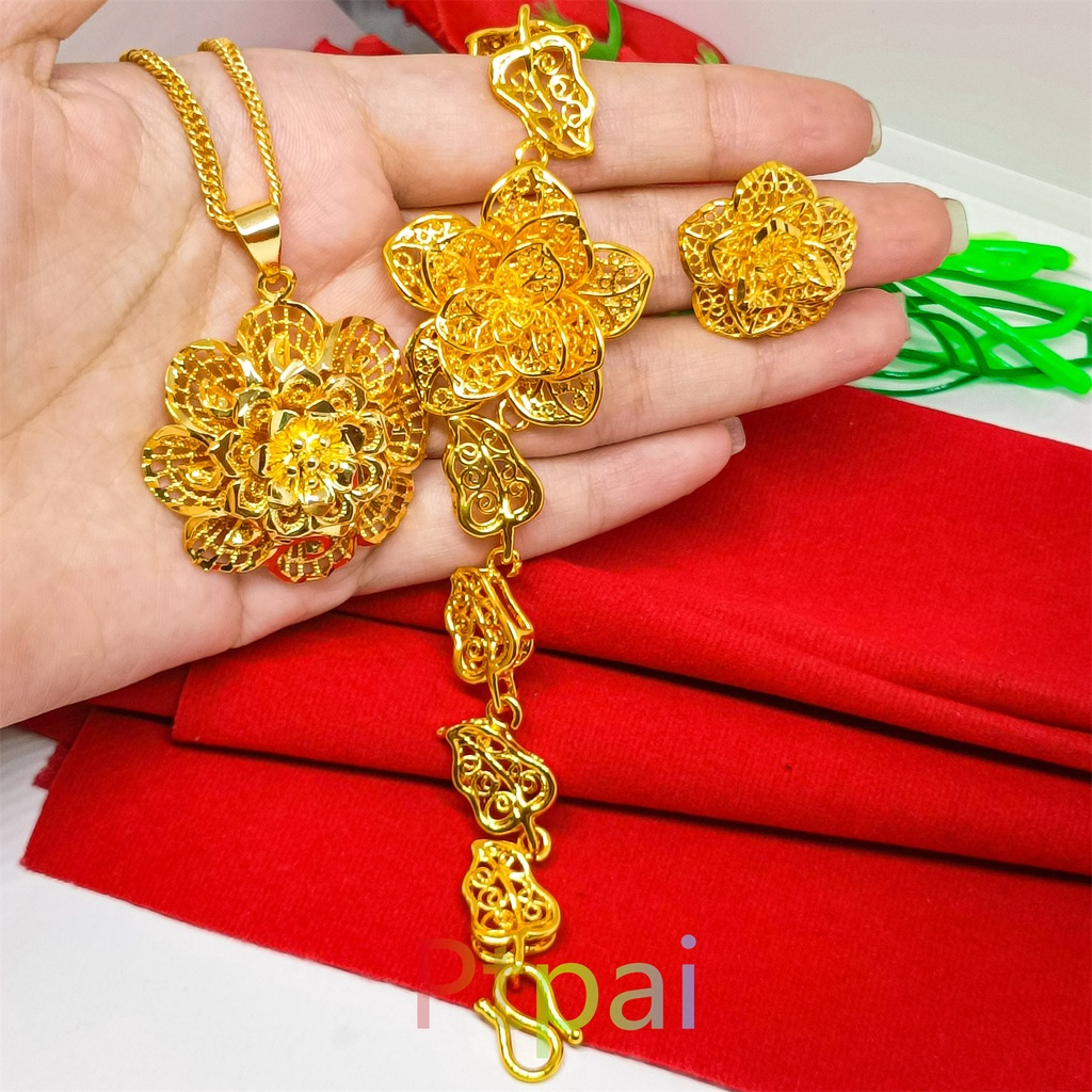 Set Kendari xuping gelang tangan+kalung+cincin perhiasan lapis Emas 24k gold