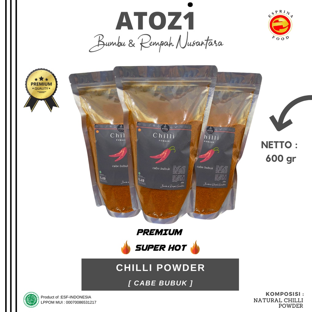 

Chilli Powder - Cabe Bubuk PREMIUM - SUPER HOT - ATOZI - Kemasan 600 gram