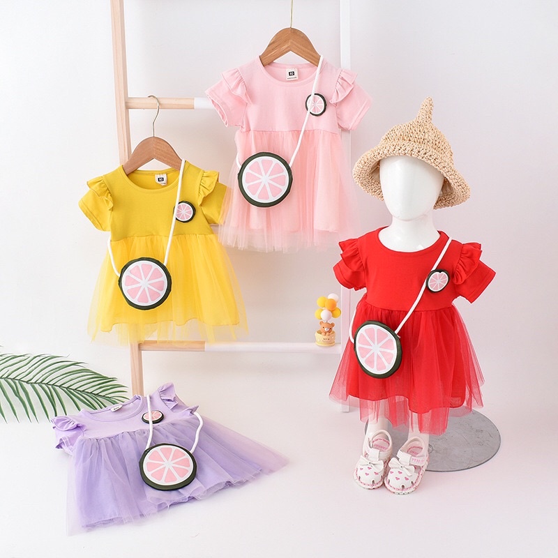 DRESS MOTIF SEMANGKA BABY INCLUDE TAS SLING BAG 13821 dress gaun merah red anak