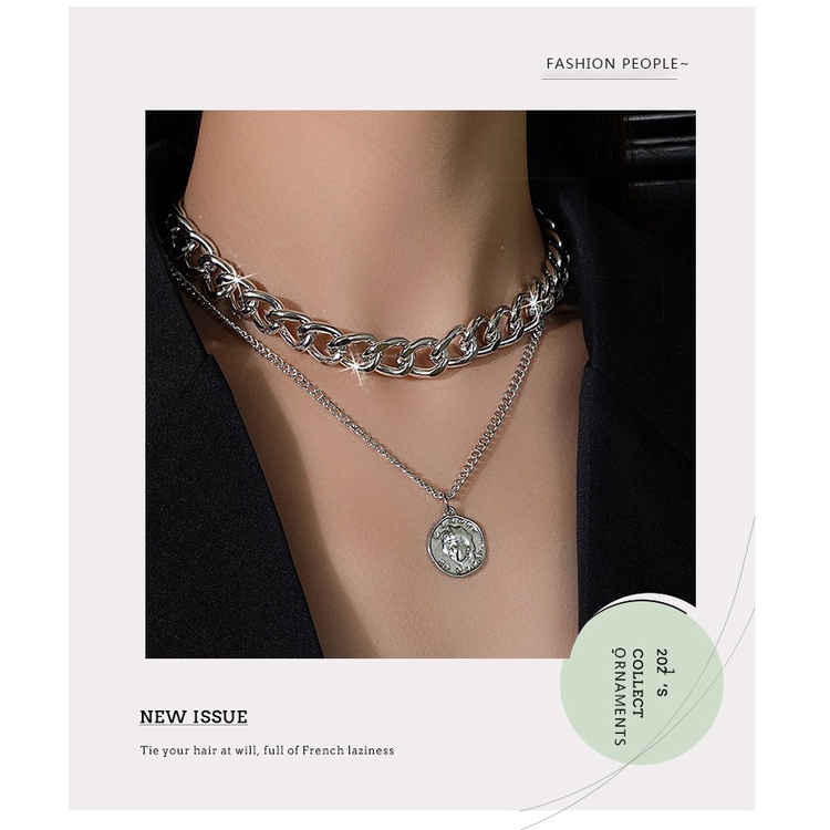 Double-layer twin koin potret kalung kreatif desain kalung pribadi gaya dingin kalung cocok untuk pr