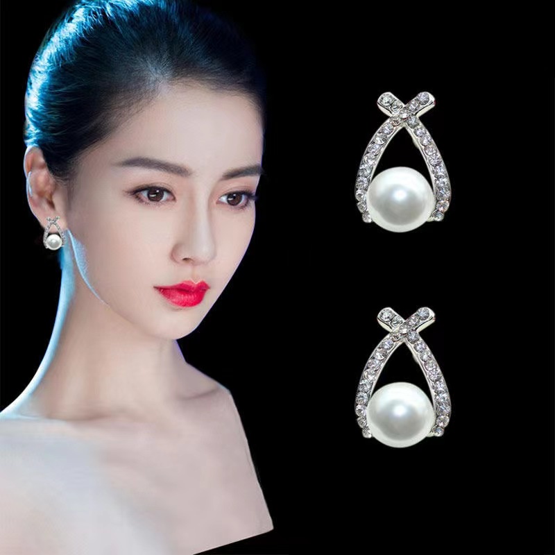 E42 Anting Wanita Stud  Anting Mutiara Permata Silang Gaya Korea Import