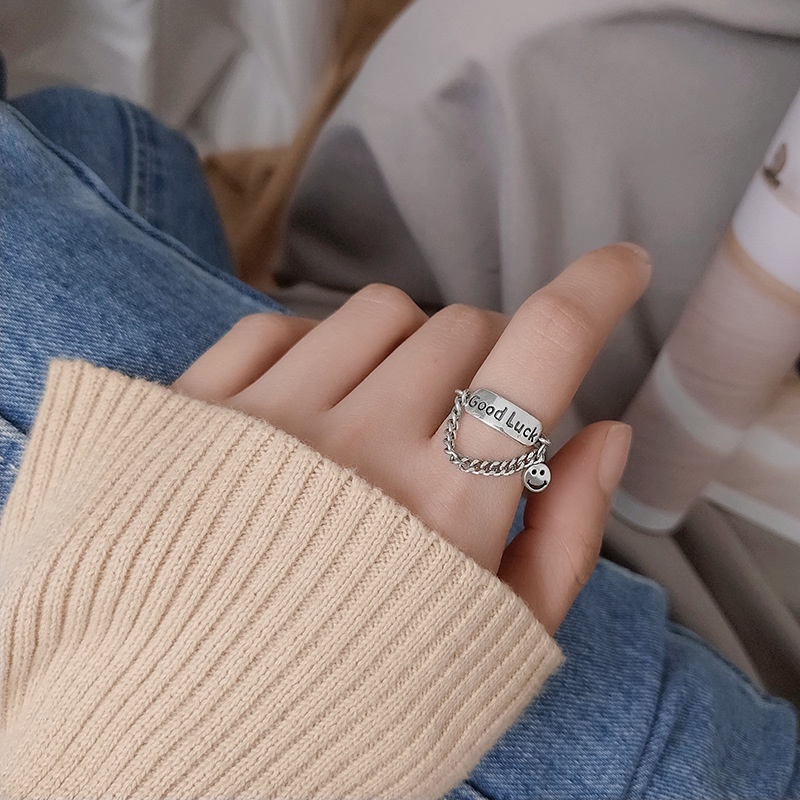 YEEZII 2pcs / Set Cincin Model Terbuka Desain Rantai Senyum Silang Geometris Tidak Teratur Dapat Disesuaikan Gaya Retro Untuk Wanita