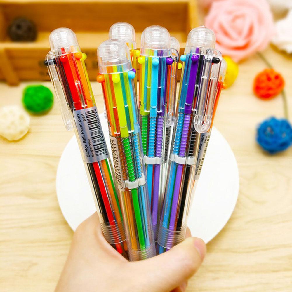 Timekey 6 In 1 Pulpen Plastik Multi Warna Tipe Tekan Manual Untuk Stationery Sekolah / Kantor E9Z6