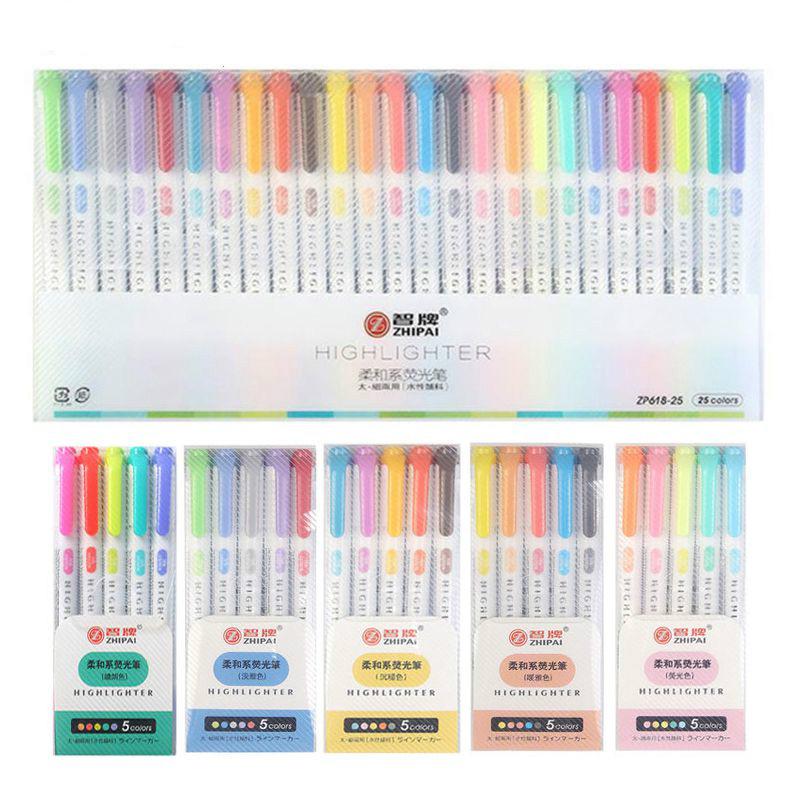 25 Pcs / Set Pena Highlighter Fluorescent Kepala Ganda Untuk Alat Tulis Notebook