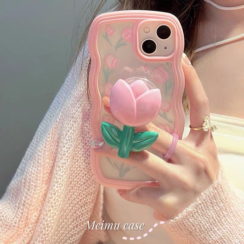 Pastel Pink Case with Tulip Holder Softcase Case HP Lucu for iphone XS Max XR 11 Pro Max 12 Pro Max 13 Pro Max