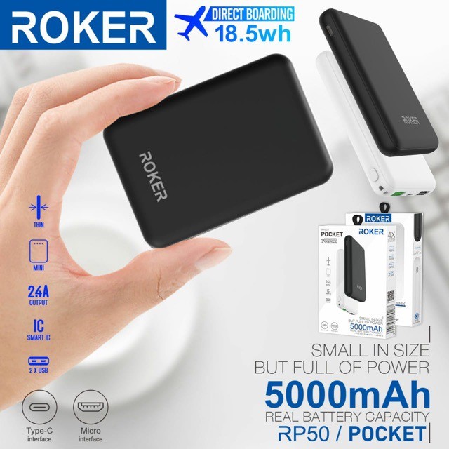 Powerbank ROKER POCKET SLIM RP50 Dual Output Smart IC 2.4A 2.1A 5000MAH