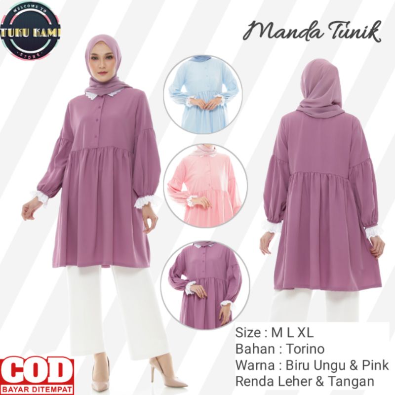 Tunik Lengan Balon Baju Atasan Muslim Wanita Blouse Renda Import Tunik Torino Kekinian