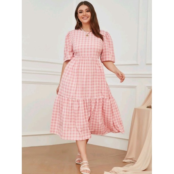 Plus Plaid Puff Sleeve Ruffle Hem Dress
