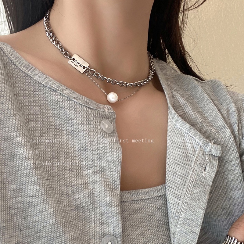 Double-layer twin titanium baja pelat persegi Kuba kalung untuk wanita in trendy hip-hop punk kalung