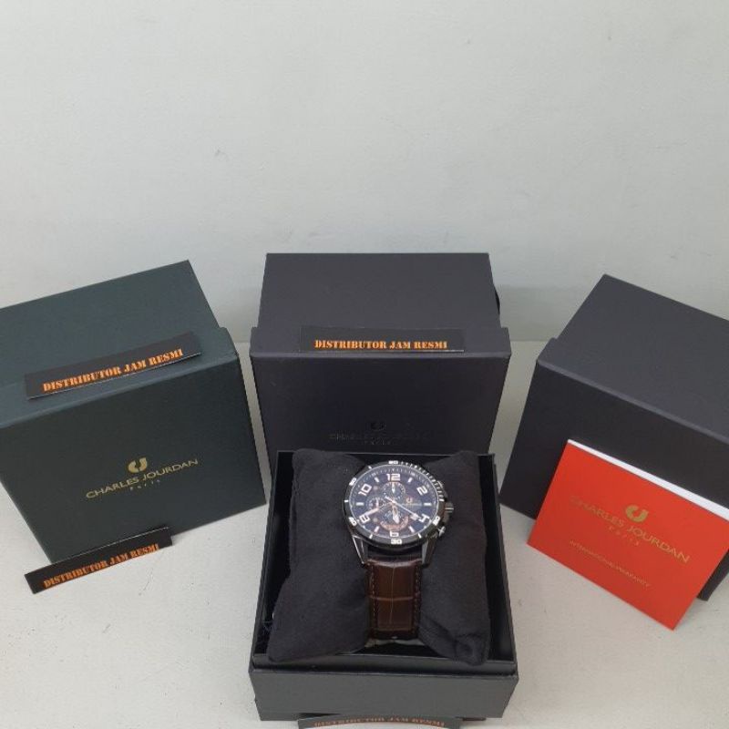 Jam Tangan Pria Charles Jourdan CJ1046-1745C BLack Dial Brown Leather Brown Cronograph