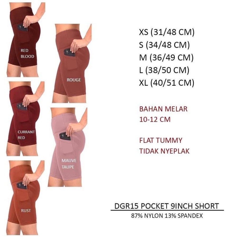 Celana Legging Pendek Wanita Murah 90 Degree 15 Pocket 9Inch Short 5 Warna Rouge/Ocean/Redblood/Teal