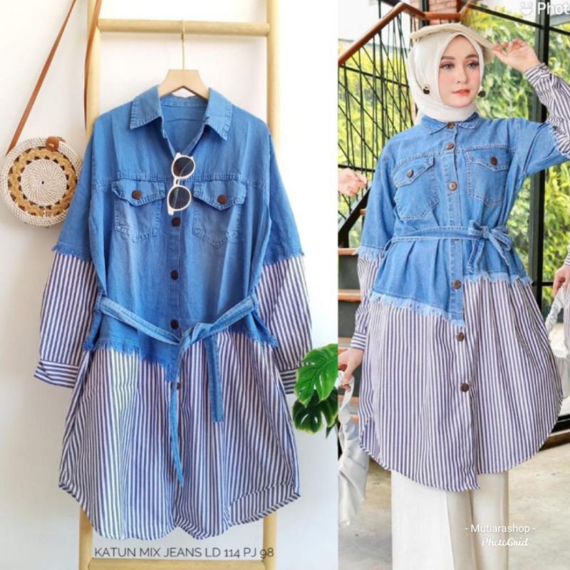tunik katun salur mix jeans import