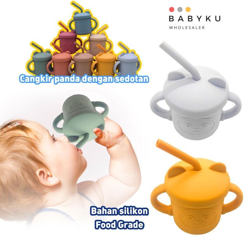 Gelas minum anak bayi silikon ada sedotan tutup dan gagang  BPA FREE / baby training cup silicone