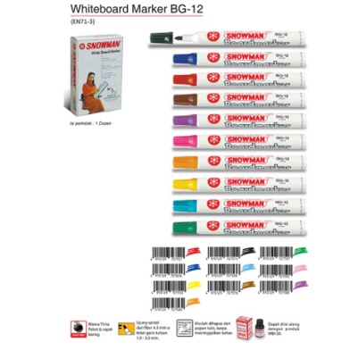 

SPIDOL PERMANENT / WHITEBOARD SNOWMAN MARKER BG-12 / G-12 MURAH AWET WARNA WARNI PASTEL GROSIR BG 12 / G 12 ORIGINAL
