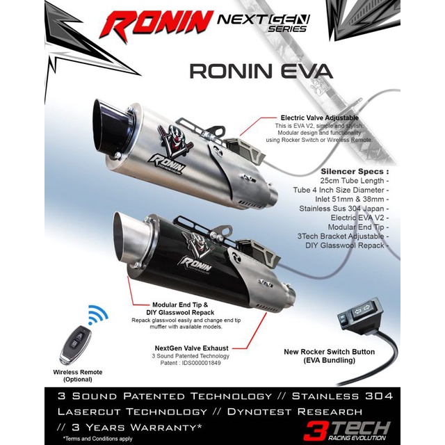 PROMO Knalpot RONIN NEXT GEN 3suara Bebek  MATIC 100-135cc fullsystem black& silver  3tech Tridente 