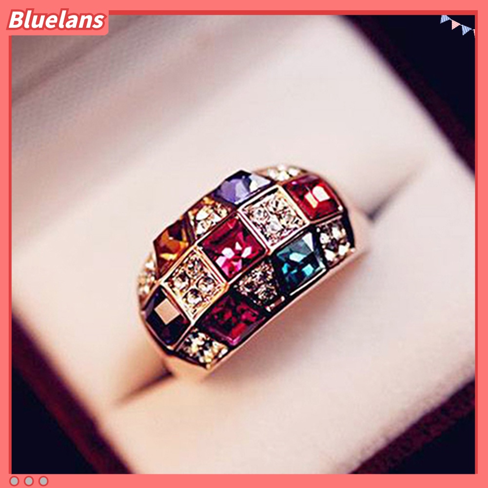 Bluelans Cincin Wanita Bahan Alloy Aksen Berlian Imitasi Warna-Warni Untuk Pesta Cocktail