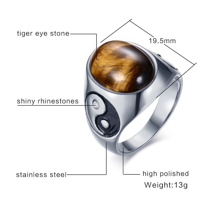 Retro Oval Coklat Kayu Alami Cincin Simbol Yin Yang Cincin Pria Perhiasan