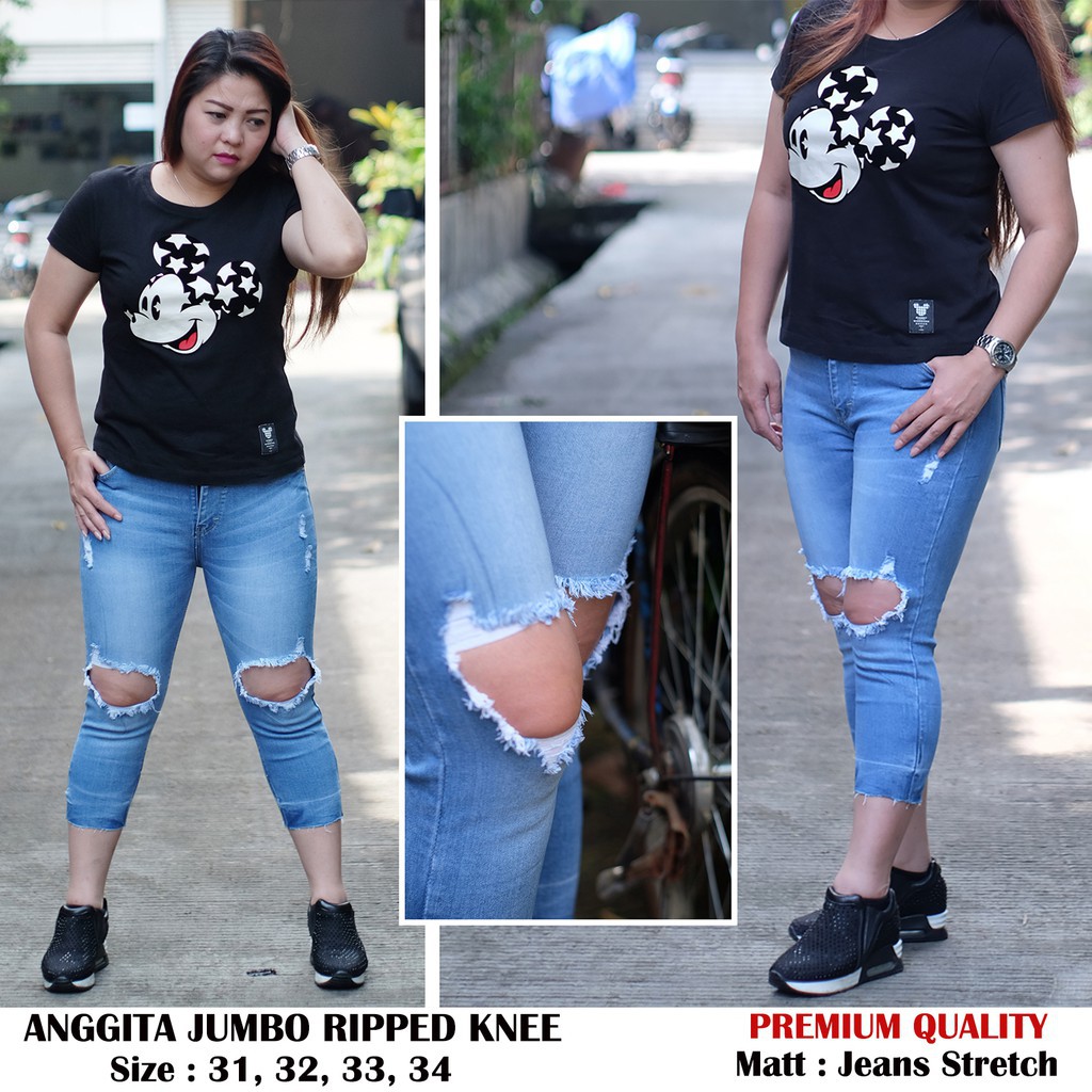 BLZ |  Celana Jeans Jumbo Wanita Anggita Ripped Jeans Bigsize