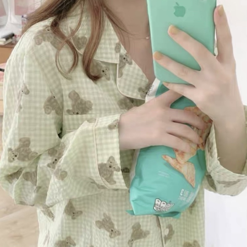 [ready stock] green korean teddy pajama | set baju tidur gaya korea motif korea motif boneka beruang bear