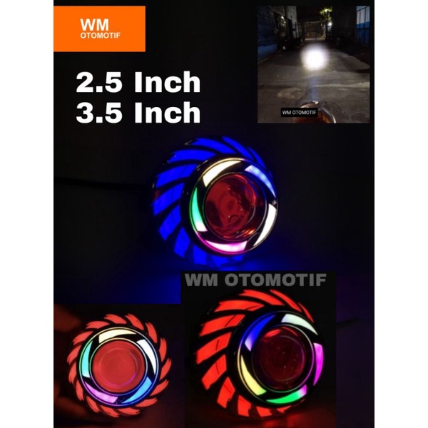 Lampu Depan LED Projie 24 Volt Bulat Spiral Truk Bus Tronton Canter Fuso 2.5 dan 3.5 Inch Kipas AE Rainbow Flash Running Angel Eye Truck Bis Demon Eyes Proji Utama 2,5 3,5 Inch Motor Mobil Bebek Matic Sport Moge Universal PnP Merah Biru