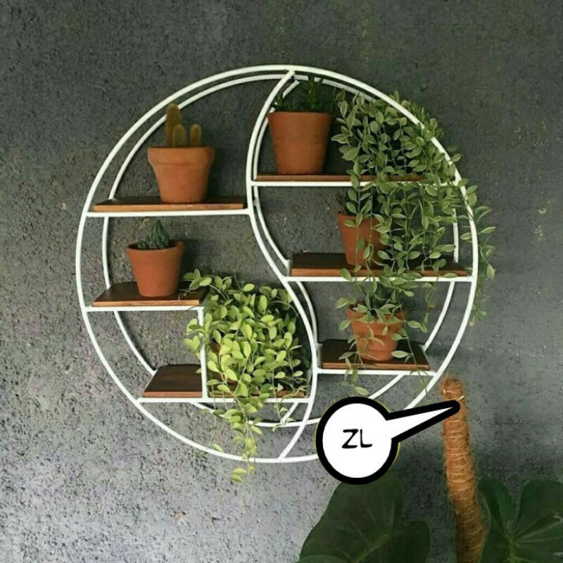 Rak bunga besi lingkaran 6 susun - Hiasan rak bunga dinding - Putih