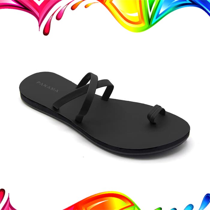 Sandal Panama Wanita / Sendal Kulit Fashion / Sanda Jepit kulit - Panama Ella Hitam Hitam EA01