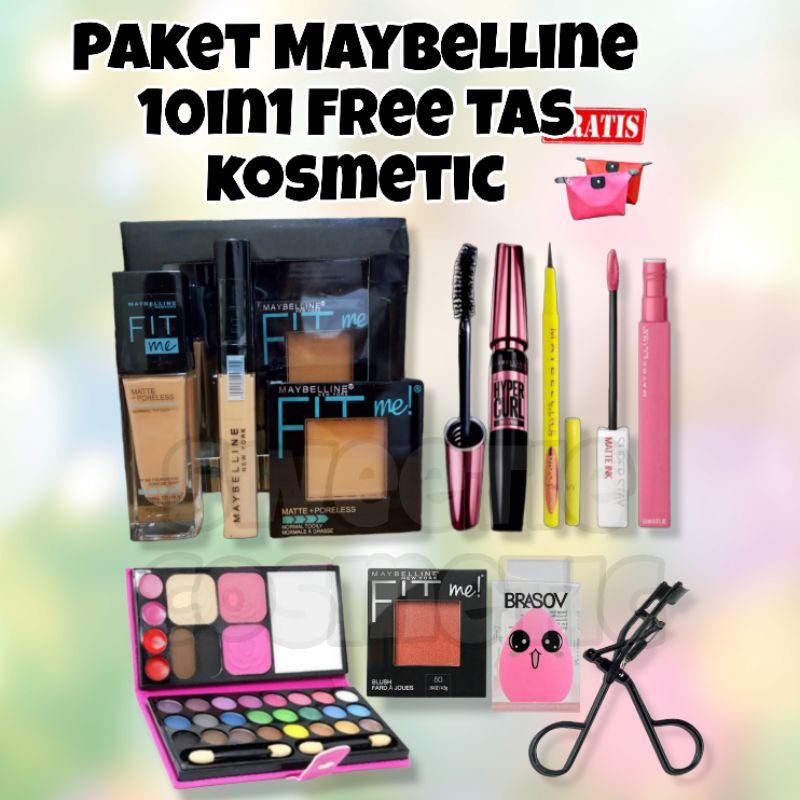 Paket Kosmetik Myb Lengkap Murah 7 in1 free Spon Telur - Paket Makeup Maybellina Lengkap Murah 7 In 1