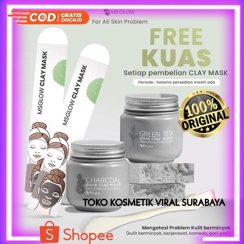 CLAY MASK CHARCOAL MS GLOW/CLAY MASK GREENTEA MS GLOW [FREE KUAS] MS GLOW