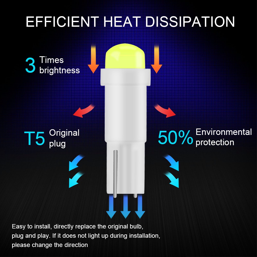 5Piece Lampu LED T5 Bulb COB Ceramic DC 12V Lamp Car Interior Dashboard Indikator Speedometer Mobil Motor