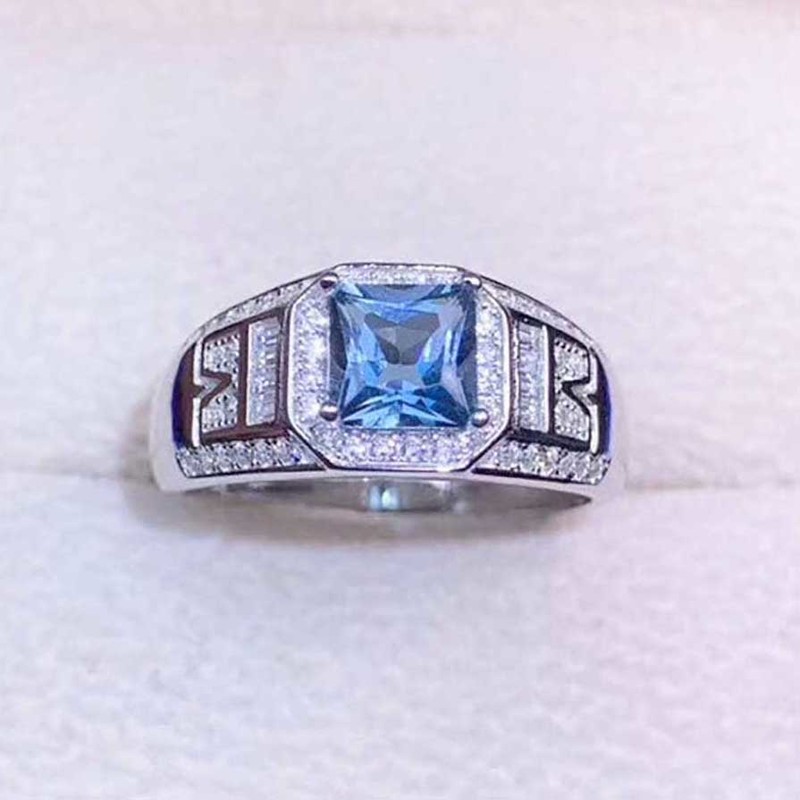 Cincin Perak Berlian Safir Fashion Pria Wanita Kristal Biru Rings