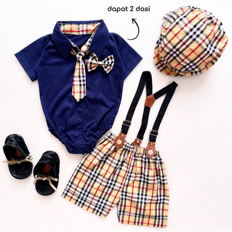 [3-18M] 6in1 Baju setelan jumper celana dasi pergi jalan lucu bestseller fashion anak bayi cowok murah / setelan jumper tuxedo 6in1 set jumper baby boy lucu / hampers baby cowok murah / setelan jumper bayi suspender topi dasi