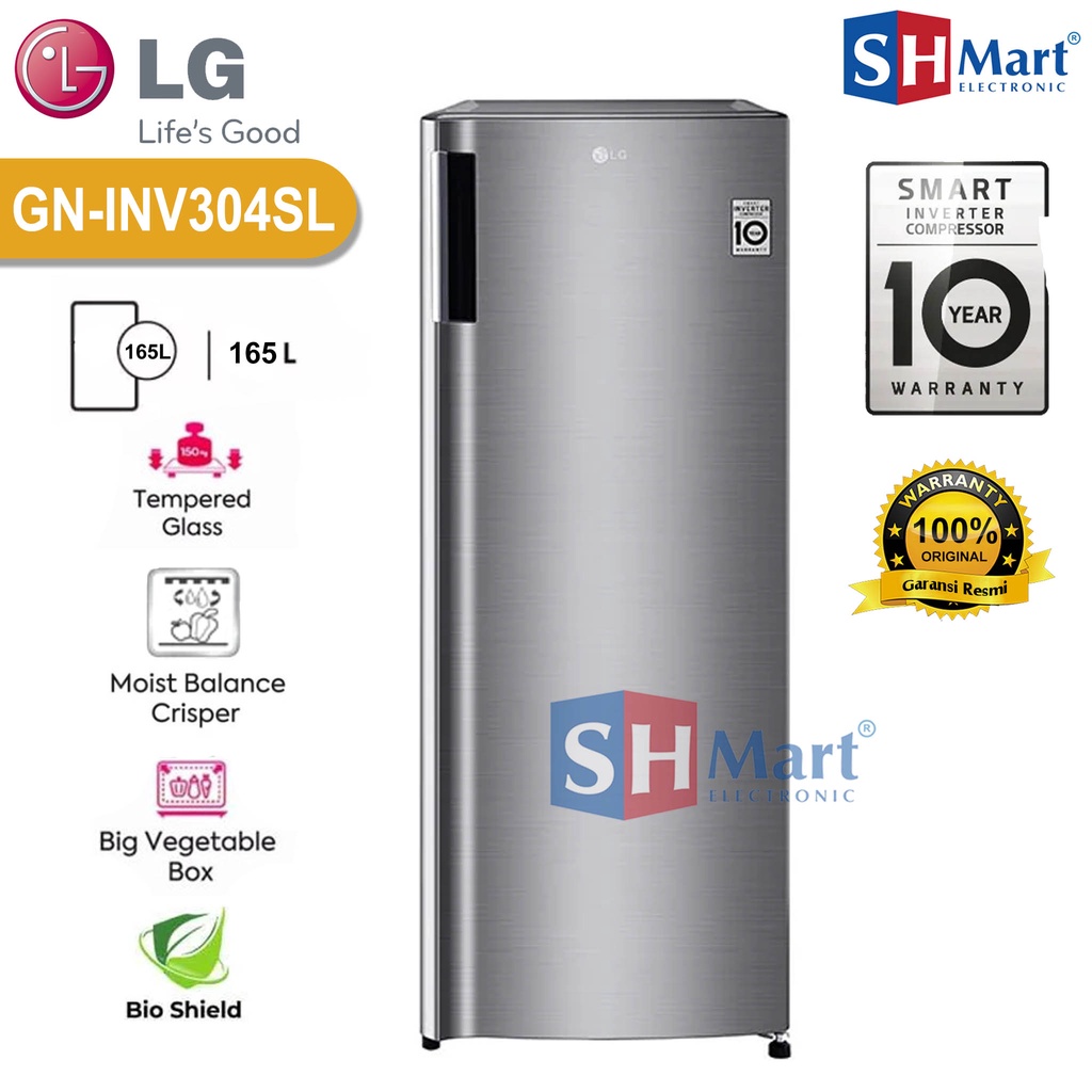 KULKAS FREEZER LG 6 RAK KAPASITAS 165 LITER GN-INV304SL / GN-INV304BK INVERTER TEMPERED GLASS GARANSI RESMI (MEDAN)