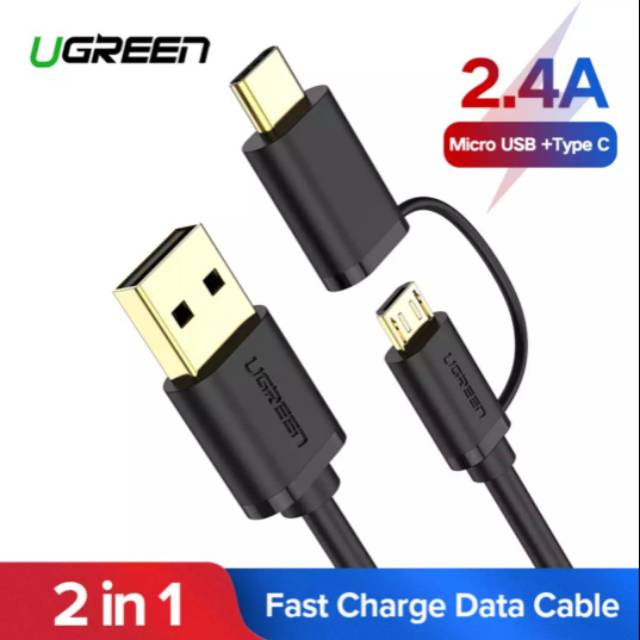 Ugreen Kabel Charger 2 in 1 Micro Usb &amp; Type C 2.4 A Fast Charging