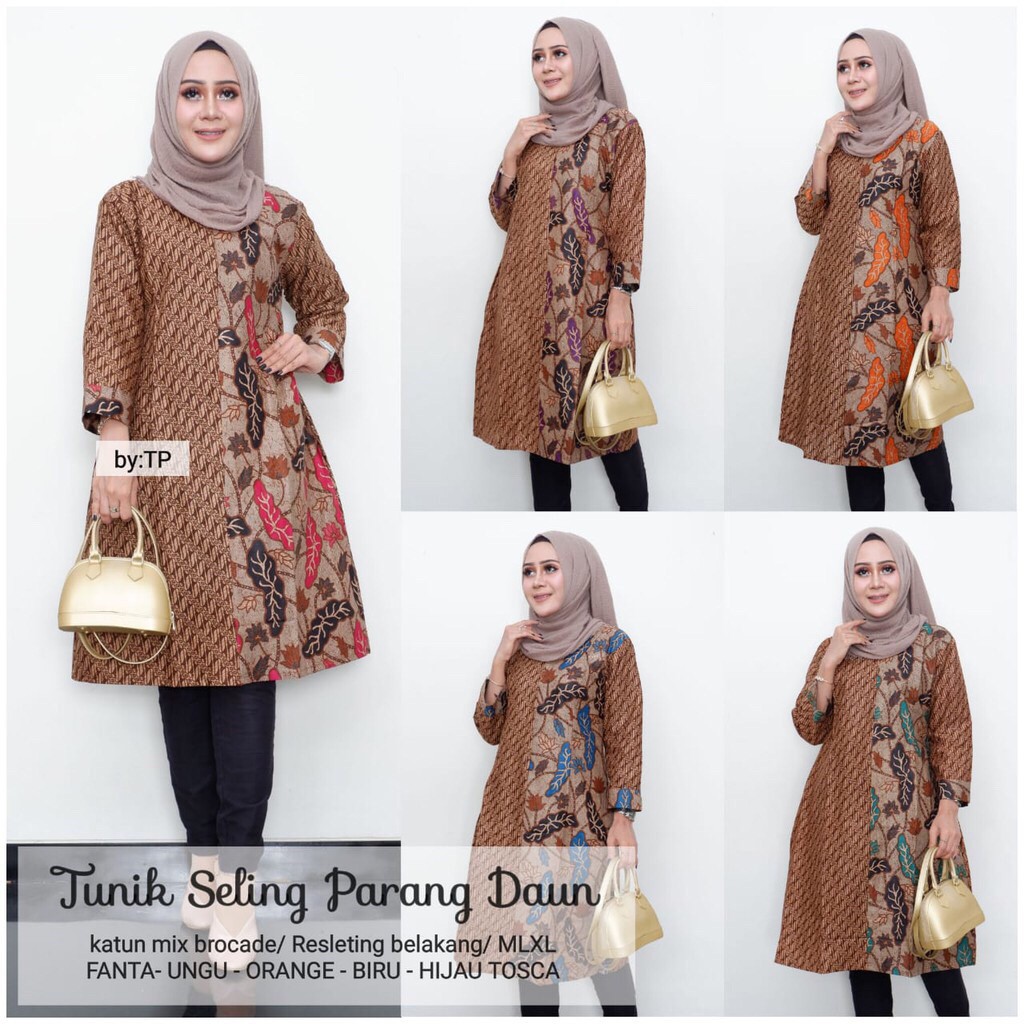 Tunik Seling Parang Daun Batik Sogan Modern Dress Casual Kerja Seragam