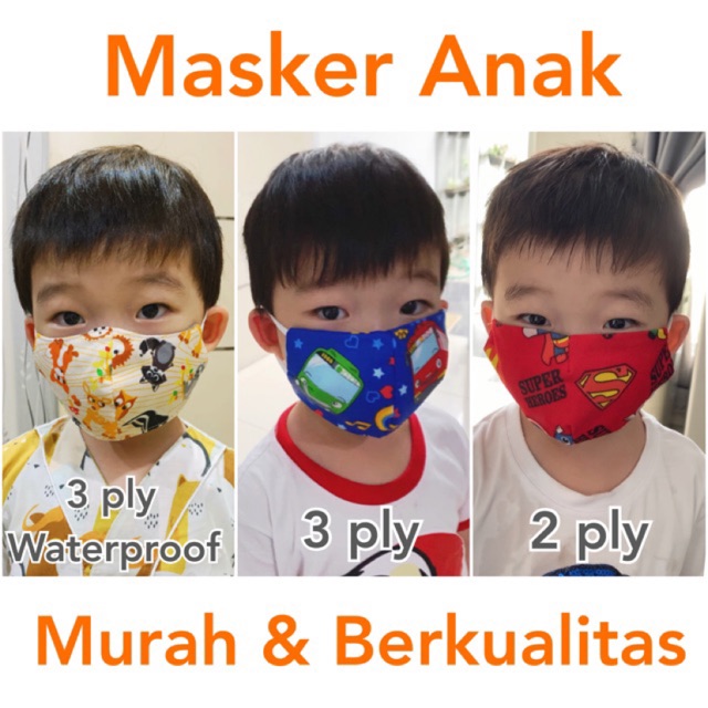 MASKER ANAK kain 3 ply / lapis waterproof &amp; non wp 2 ply Murah motif Termurah