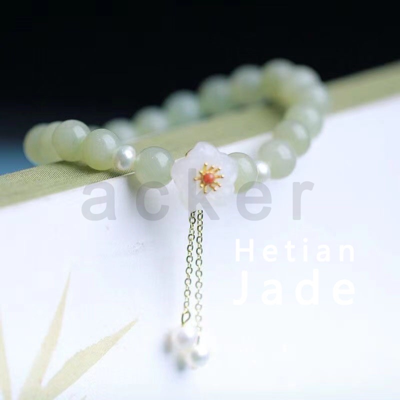 Gelang Tangan Manik-Manik Batu Jade Hetian Natural Aksen Buah Ceri Untuk Wanita ACKER